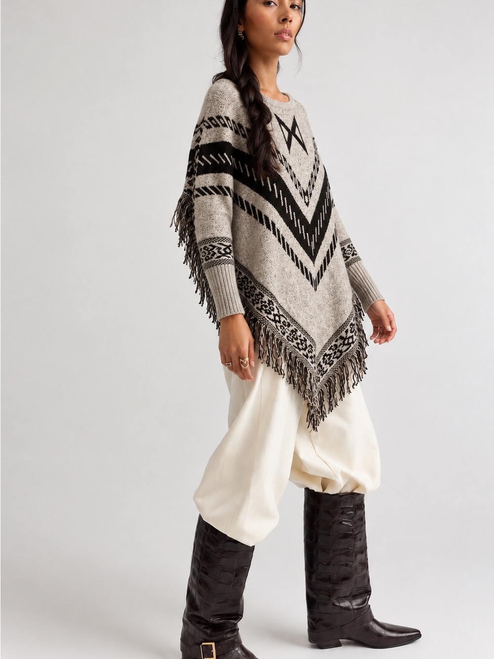 303. Fringed Chevron Pattern Poncho Sweater - Gray/Black